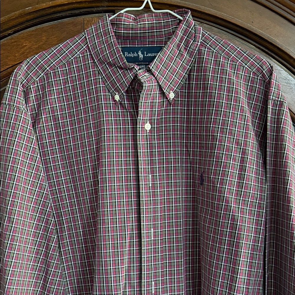 Ralph Lauren Men's Burgundy and Green Plaid Long Sleeve Shirt